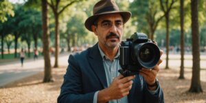 Pessoa com muletas sorrindo em um parque ensolarado.