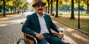 Pessoa em cadeira de rodas sorrindo em parque ensolarado.