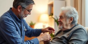 Cuidador ajudando paciente com andador