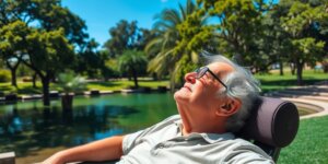 Idoso com andador em parque ensolarado