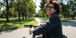 Pessoa em cadeira de rodas em parque ensolarado