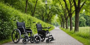 Cadeiras de rodas dobrável e rígida lado a lado