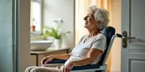 Idosa sentada em cadeira de banho moderna.