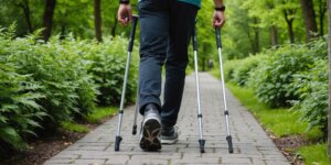 Pessoa usando muletas canadenses com conforto e segurança.