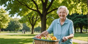 Idoso com andador e cesta no parque