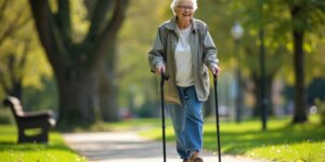 Idoso caminhando com bengala quad