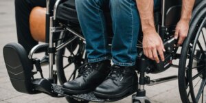 Pessoa ajustando uma cadeira de rodas para conforto