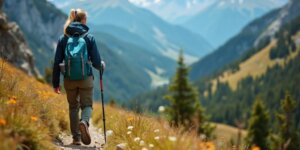 Viajante com bengala dobrável na trilha